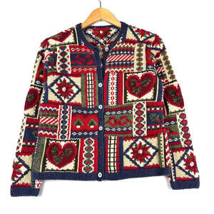 Vintage Hand Knit Womens Small/Medium Cardigan Christmas Mistletoe Cozy Grandma